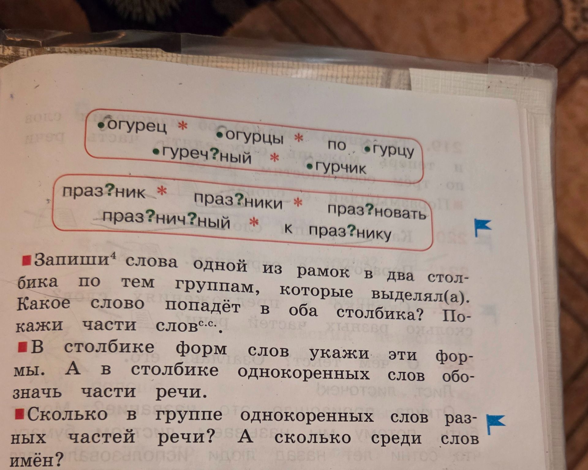 Фото задания: Сколько в группе однокоренных слов разных частей речи? А сколько среди слов имён существительных?