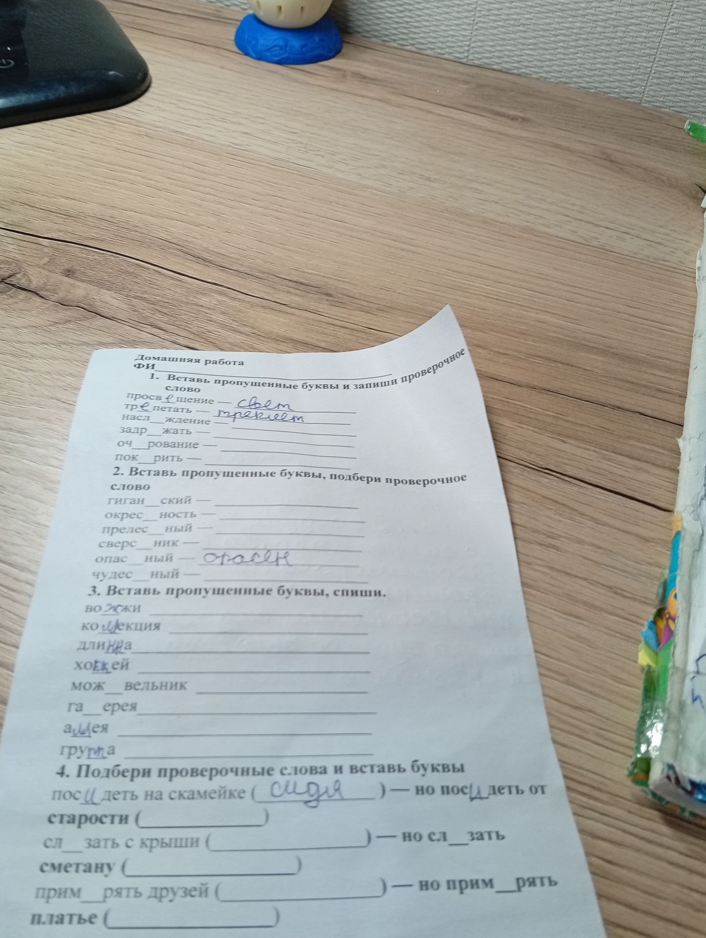 Фото задания: 3. Вставь пропущенные буквы, спиши: во_жи; ко_лекция; дли_на; хок_ей; мож_вельник; га_ерея; а_ея; гру_а.