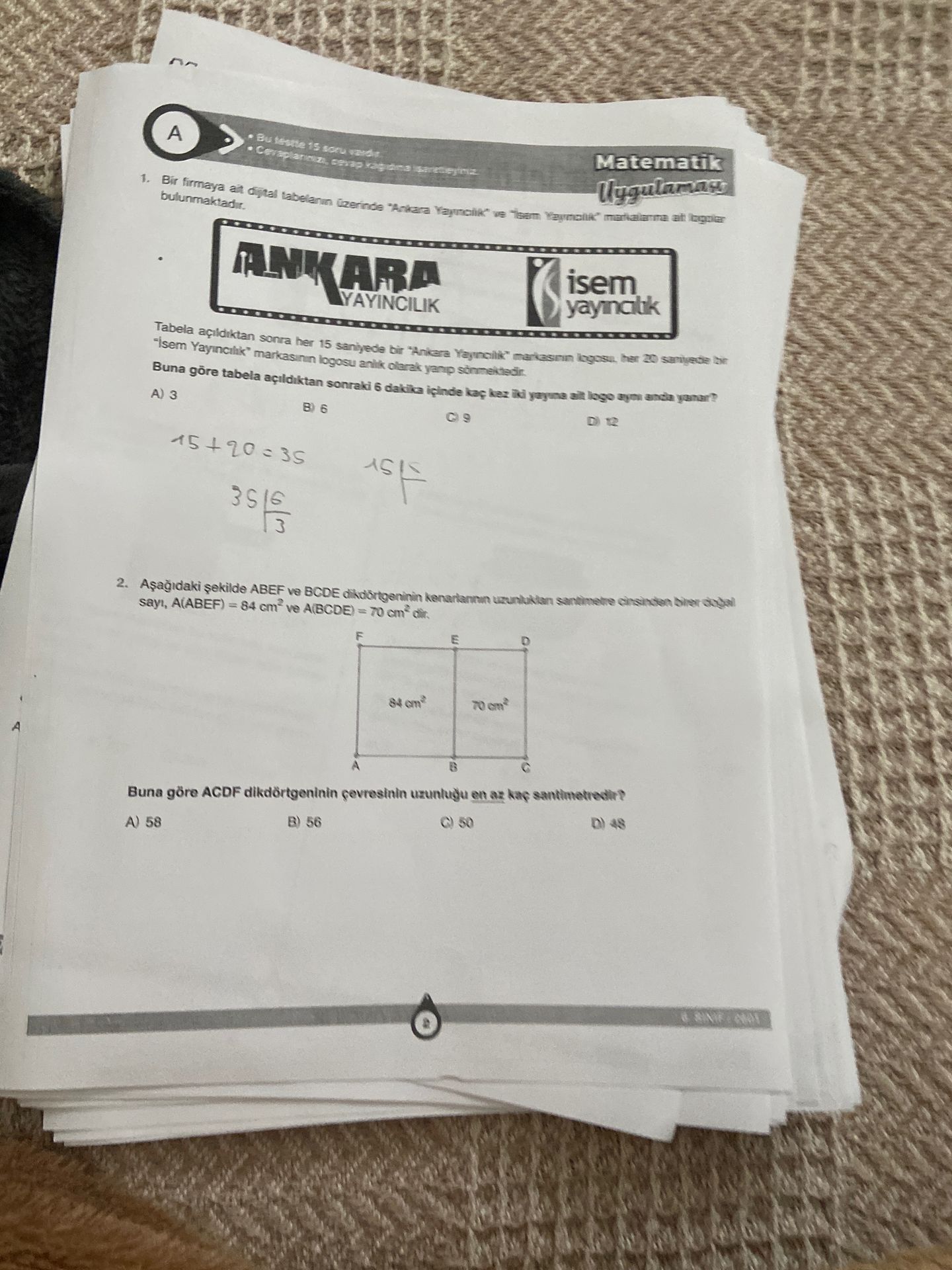 Фото задания: 2. Aşağıdaki şekilde ABEF ve BCDE dikdörtgenlerinin kenar uzunlukları santimetre cinsinden birer doğal sayı, A(ABEF) = 84 cm²…
