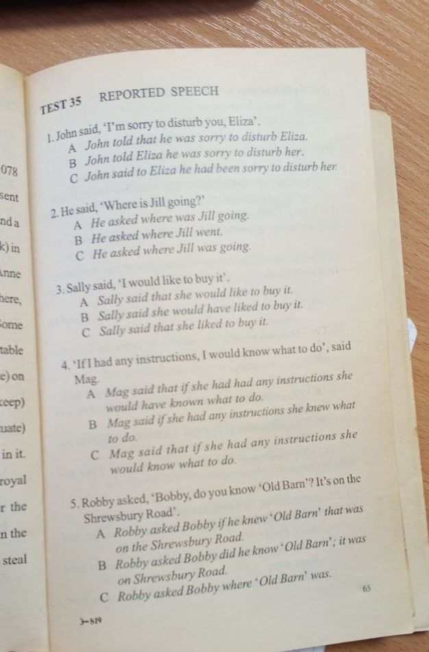 Фото задания: TEST 35. REPORTED SPEECH. Choose the correct reported-speech sentence (A, B or C) for each item. 1. John said, ‘I’m sorry…