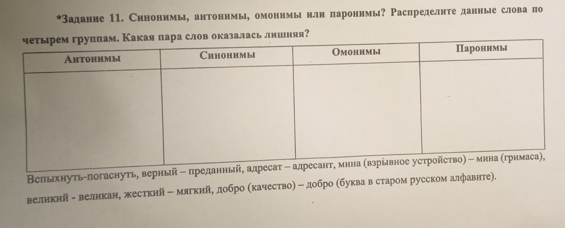 Фото задания: Задание 11. Синонимы, антонимы, омонимы или паронимы? Распределите данные слова по четырём группам. Какая пара слов оказалась…