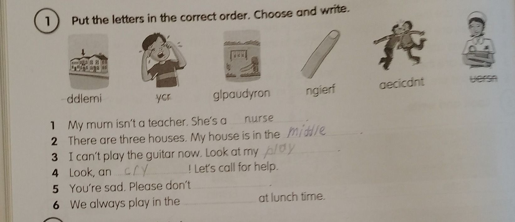 Фото задания: 1. Put the letters in the correct order. Choose and write. 1) My mum isn’t a teacher. She’s a ____. 2) There are three…