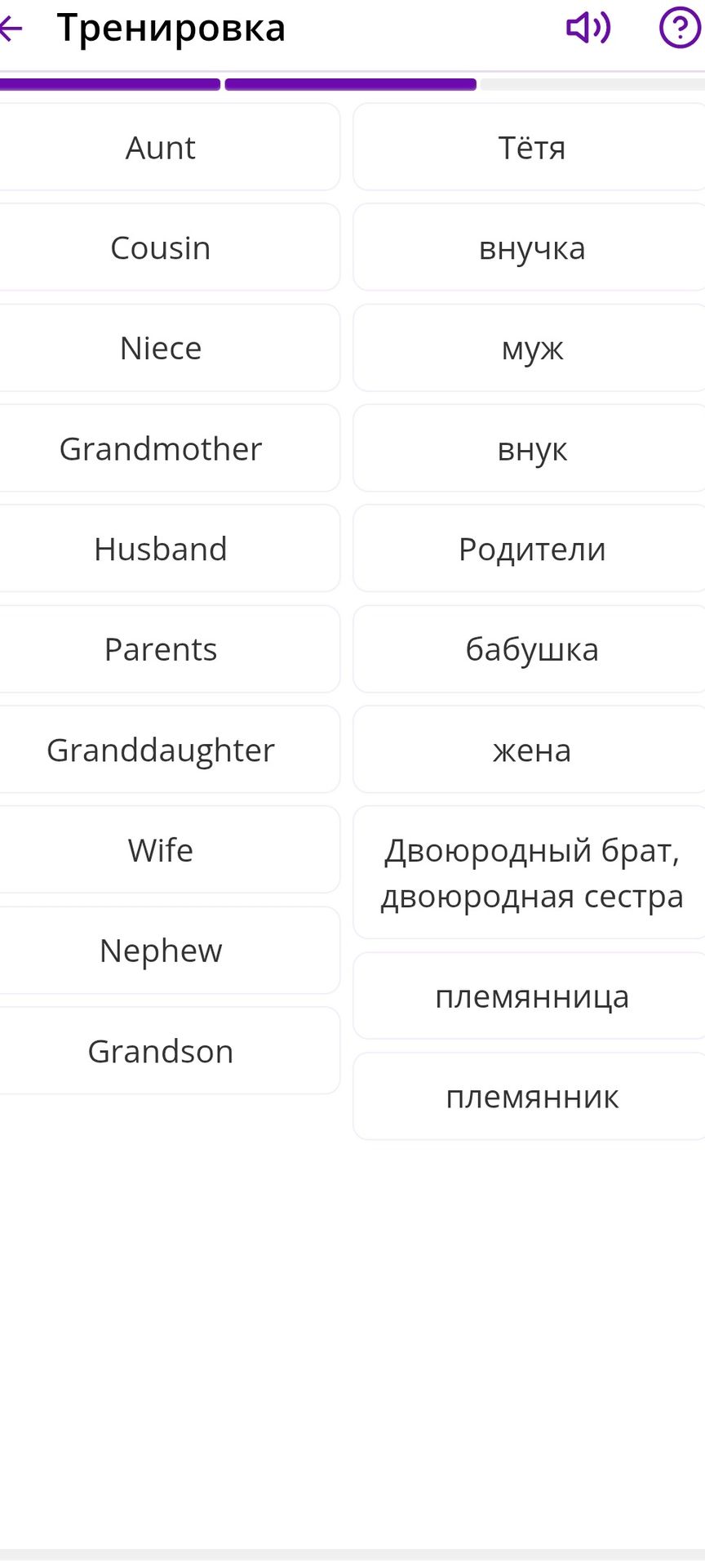 Фото задания: Соотнесите английские слова с русскими переводами: Aunt, Cousin, Niece, Grandmother, Husband, Parents, Granddaughter, Wife,…