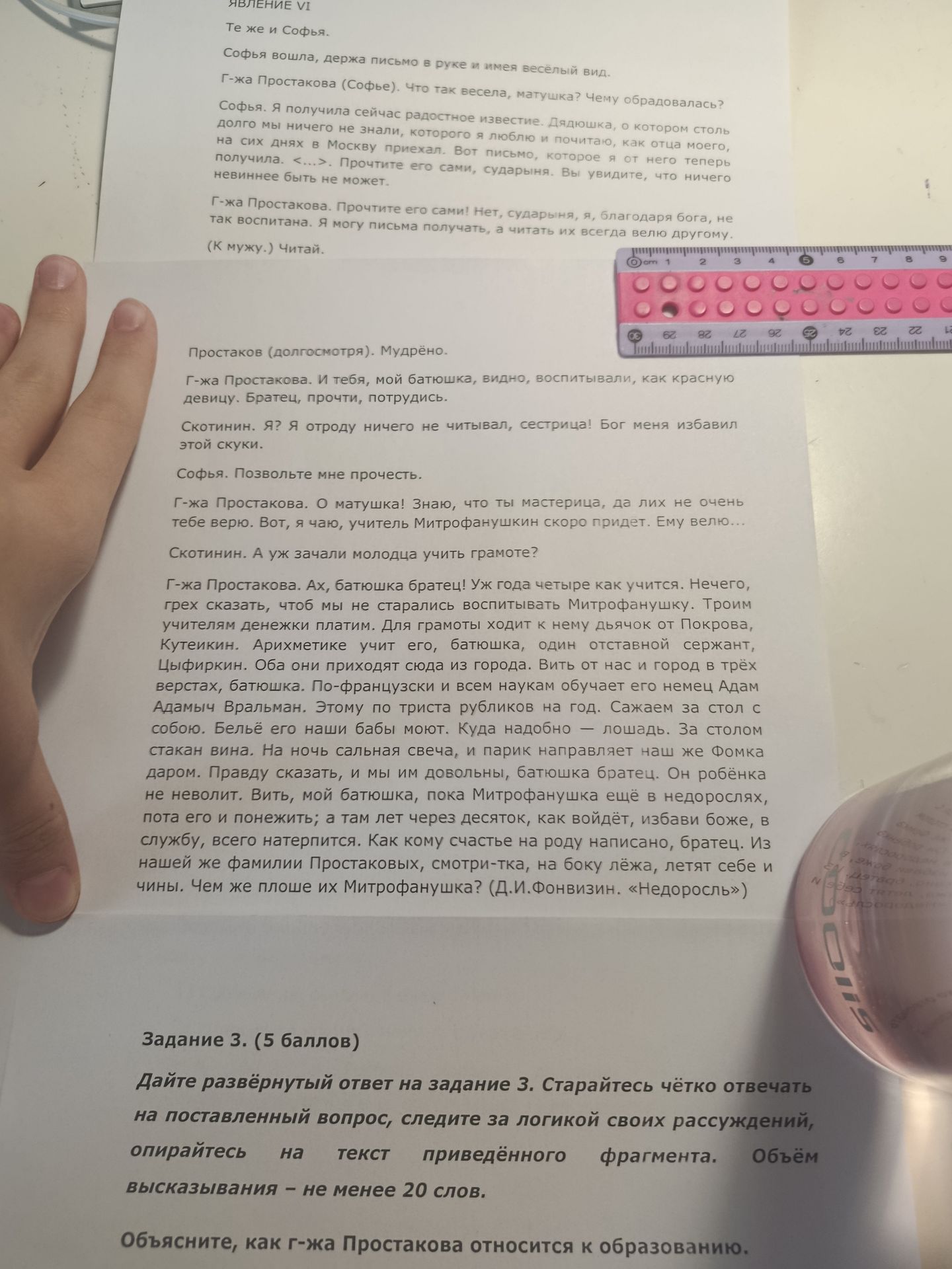 Фото задания: Задание 3. Дайте развёрнутый ответ на вопрос (не менее 20 слов). Объясните, как г-жа Простакова относится к образованию.