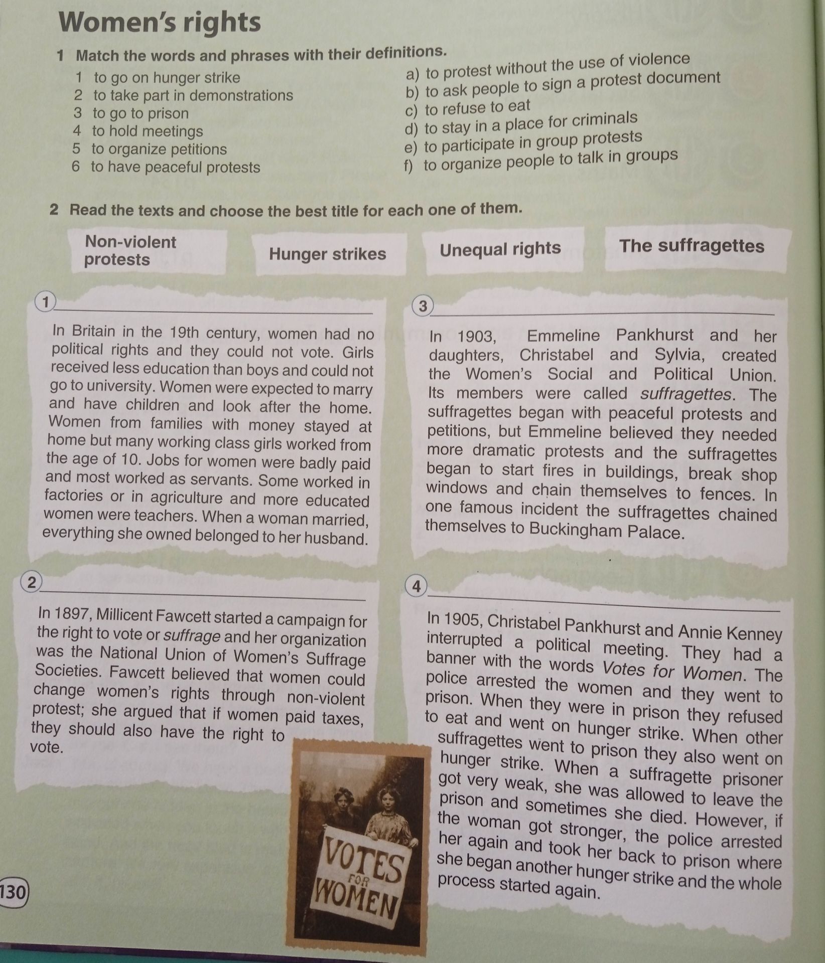 Фото задания: 2. Read the texts and choose the best title for each one of them. Titles: Non-violent protests; Hunger strikes; Unequal…
