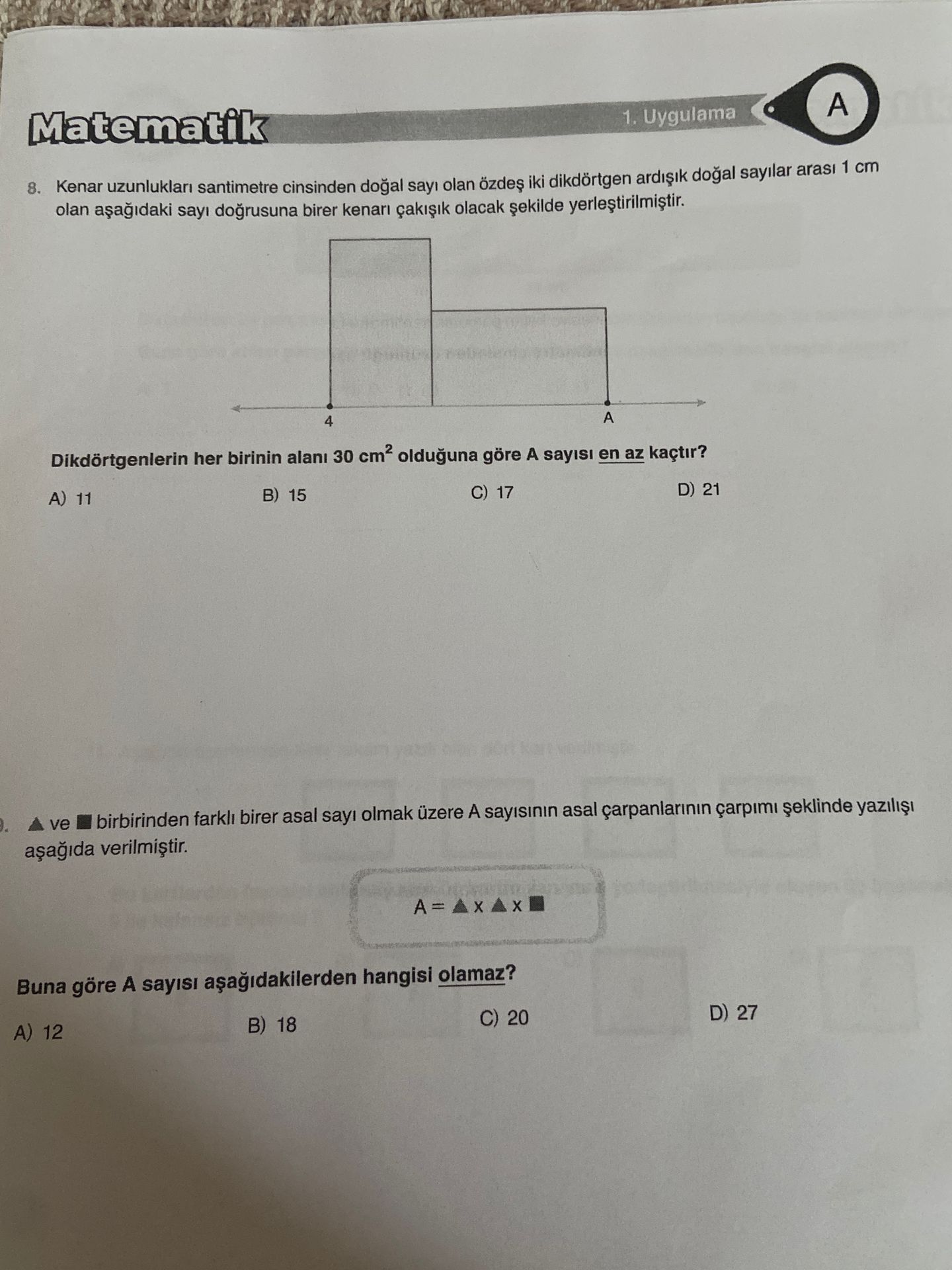 Фото задания: 8. Kenar uzunlukları santimetre cinsinden doğal sayı olan özdeş iki dikdörtgen ardışık doğal sayılar arası 1 cm olan…