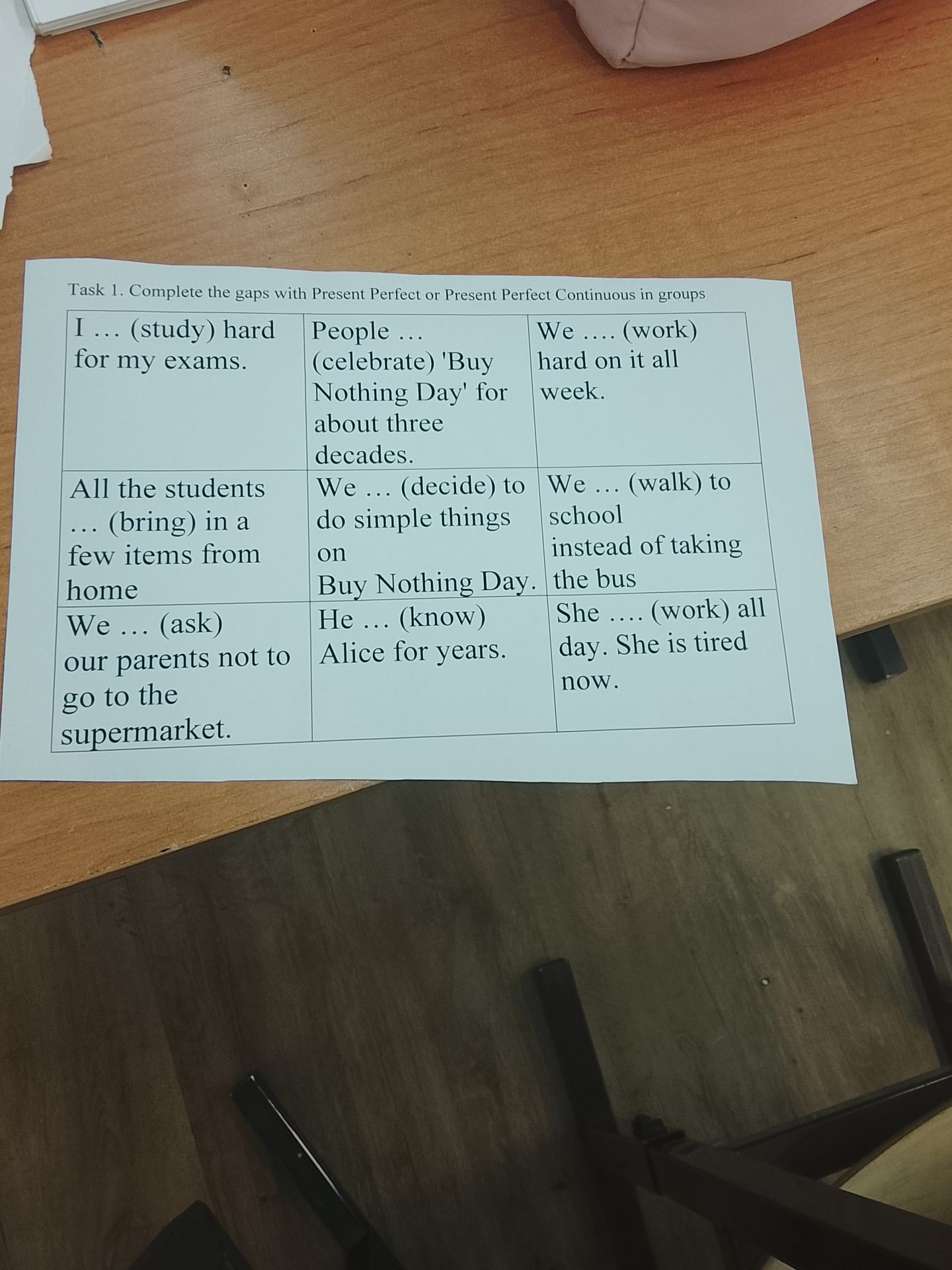 Фото задания: Task 1. Complete the gaps with Present Perfect or Present Perfect Continuous in groups: I … (study) hard for my exams. People…