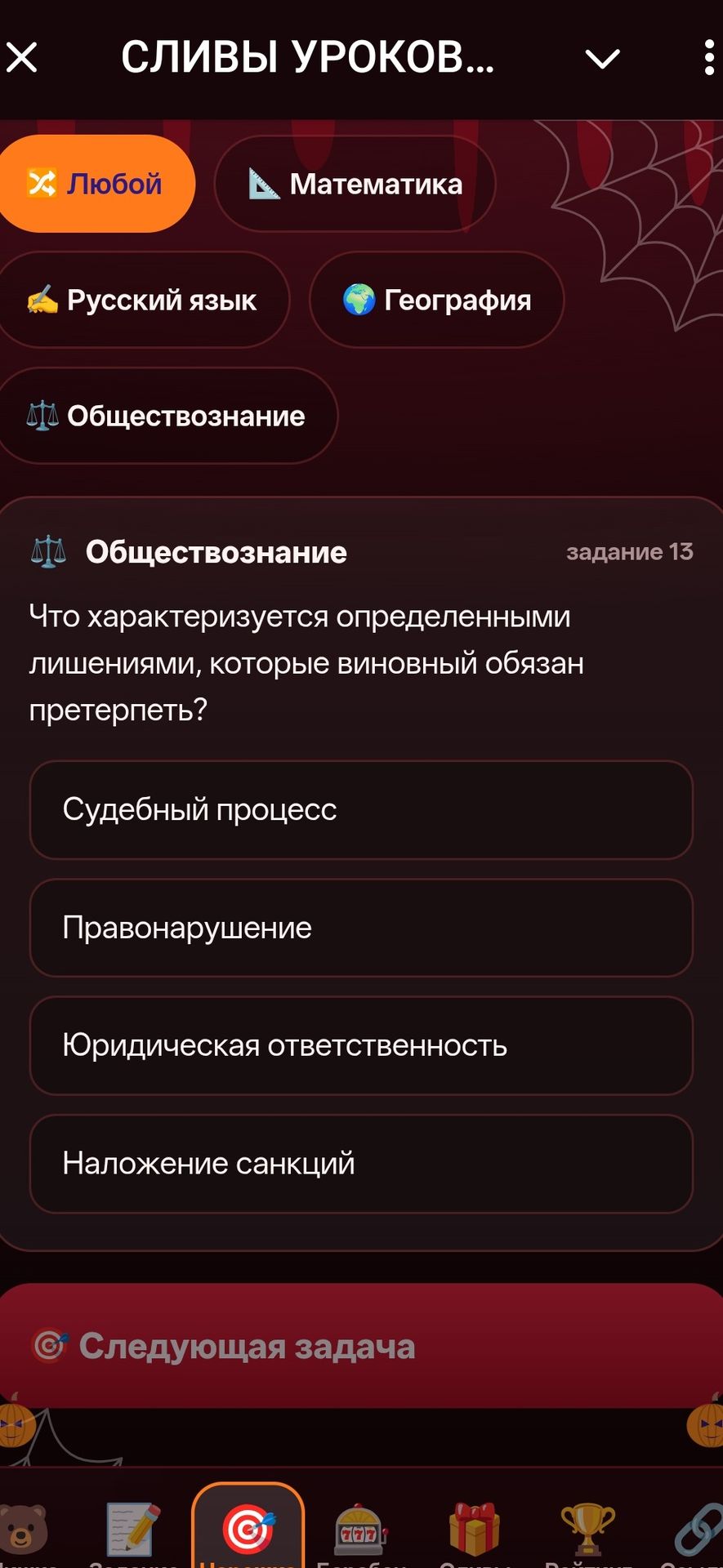 Фото задания: Задание 13. Что характеризуется определенными лишениями, которые виновный обязан претерпеть? Судебный процесс;…
