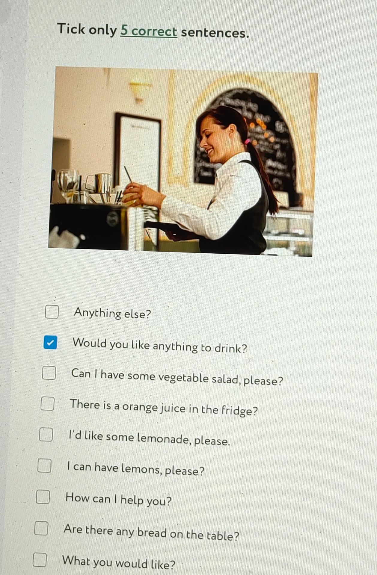 Фото задания: Tick only 5 correct sentences. Anything else? Would you like anything to drink? Can I have some vegetable salad, please?…