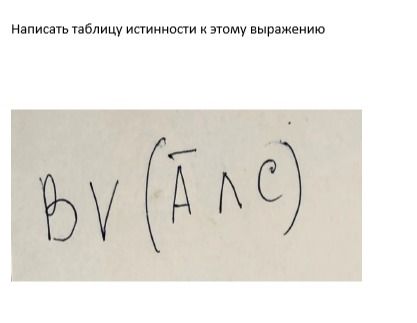 Фото задания: Написать таблицу истинности к выражению: B ∨ (¬A ∧ C).