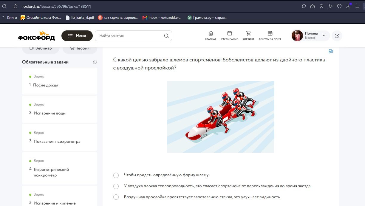 Фото задания: С какой целью забрало шлемов спортсменов-бобслеистов делают из двойного пластика с воздушной прослойкой?