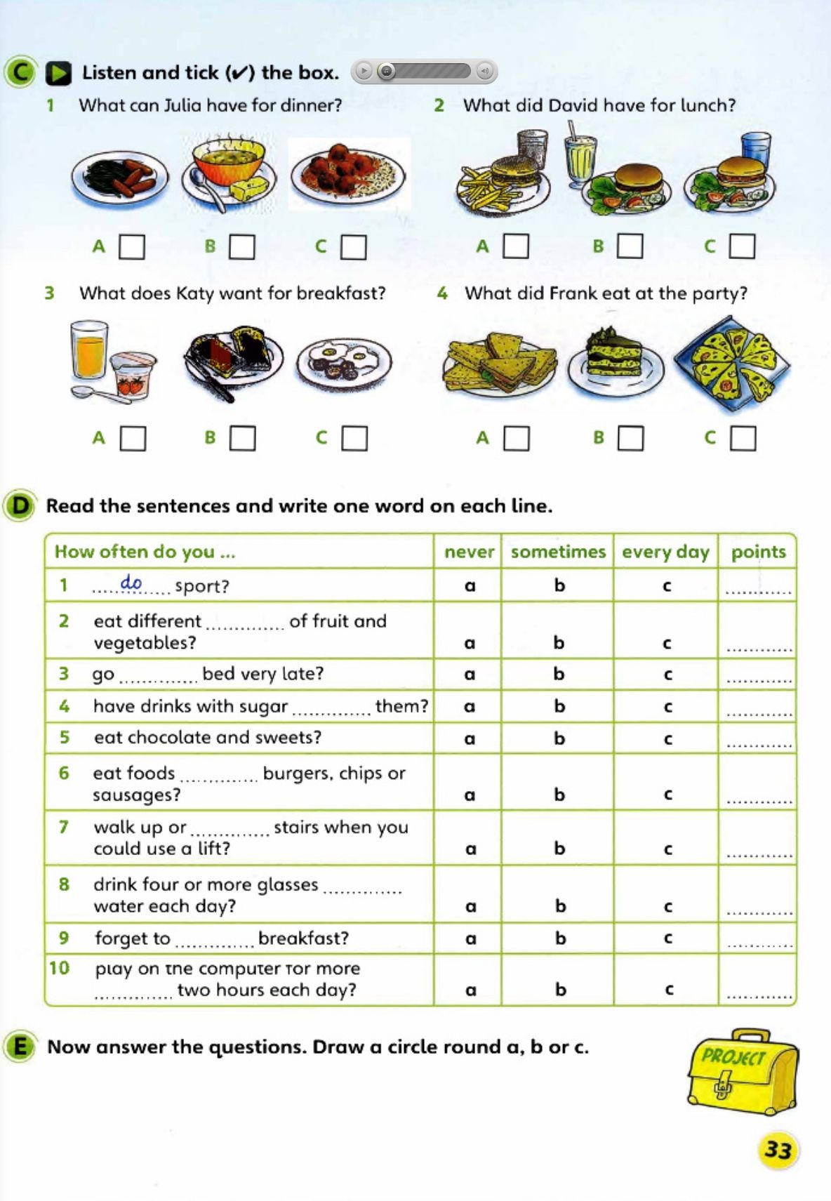 Фото задания: C. Listen and tick (✓) the box. 1. What can Julia have for dinner? A, B or C?