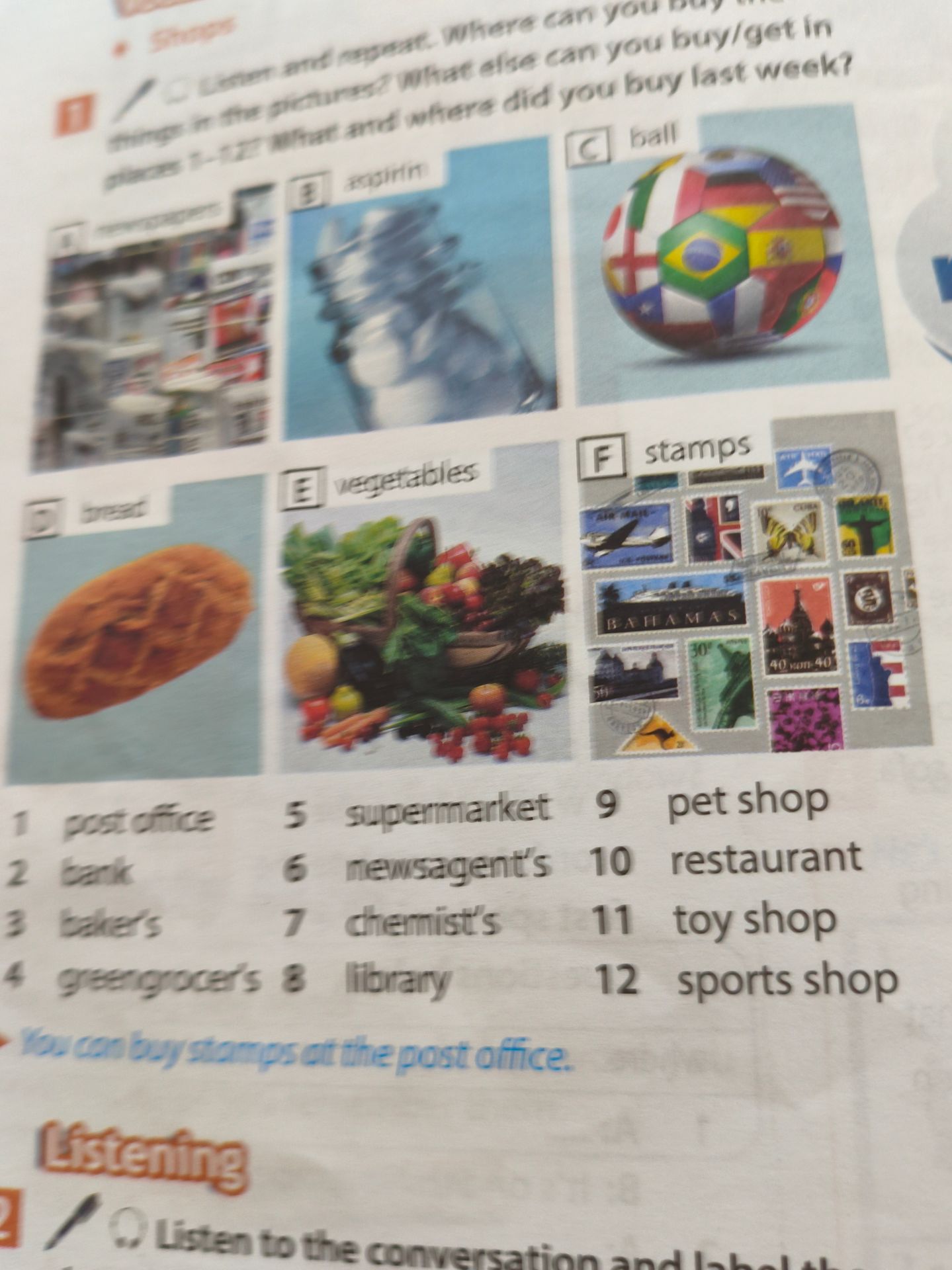 Фото задания: Look and answer. Where can you buy the things in the pictures? What else can you buy/get in these places? What and where…