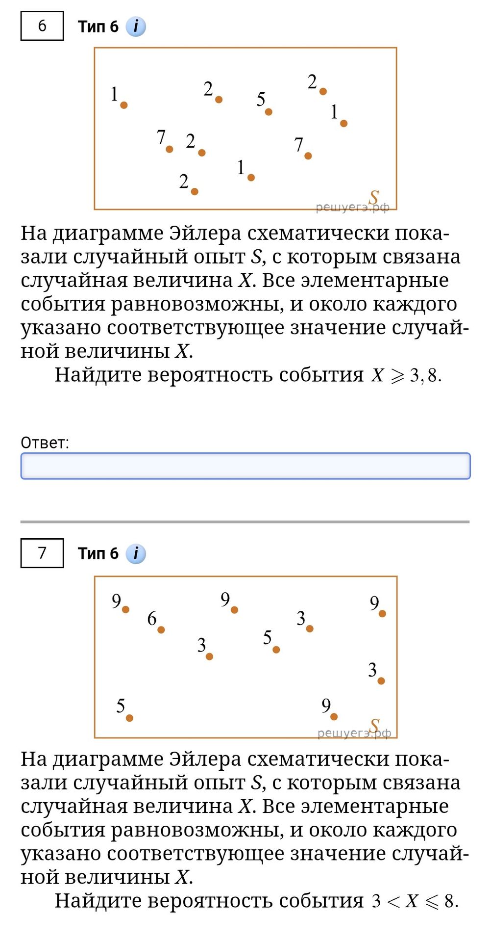 Фото задания: 6. На диаграмме Эйлера схематически показали случайный опыт S, с которым связана случайная величина X. Все элементарные…