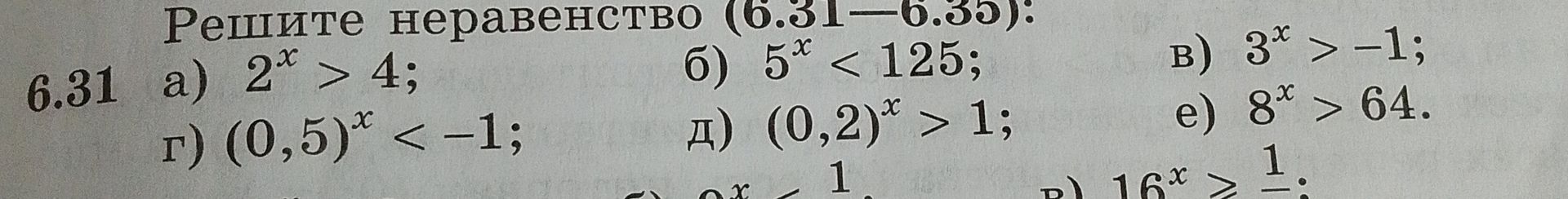 Фото задания: 6.31. Решите неравенства: а) \(2^x>4\); б) \(5^x<125\); в) \(3^x>-1\); г) \((0,5)^x<-1\); д) \((0,2)^x>1\); е) \(8^x>64\).…