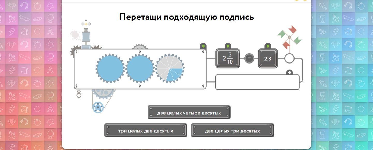 Фото задания: Перетащи подходящую подпись: выбери, как читается дробь 2 ³⁄₁₀, если 2,3 = 2 ³⁄₁₀. Варианты: «две целых четыре десятых», «три…