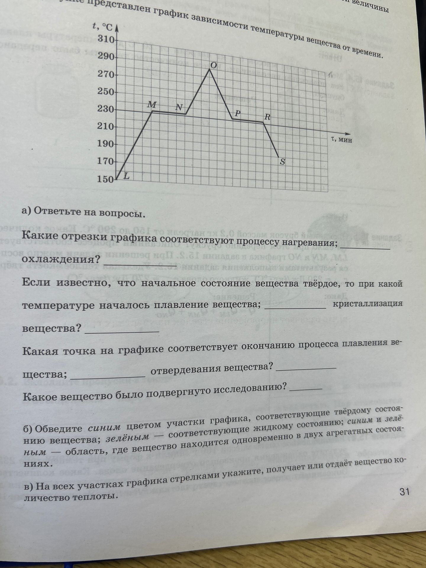 Фото задания: а) Ответьте на вопросы. Какие отрезки графика соответствуют процессу нагревания; охлаждения? Если известно, что начальное…
