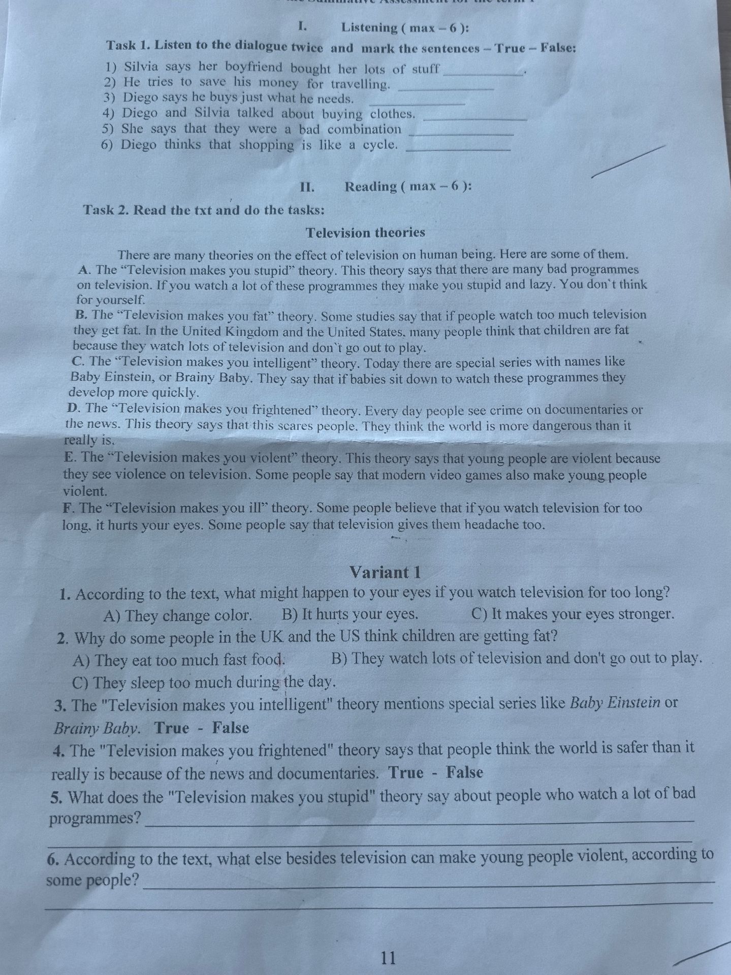 Фото задания: Task 2. Read the text “Television theories” and do the tasks. Variant 1: 1. According to the text, what might happen to…