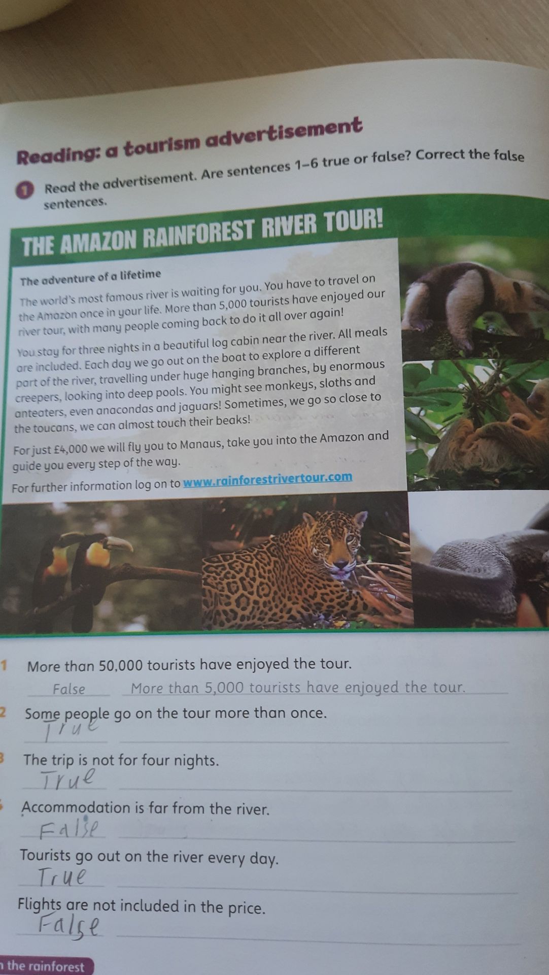 Фото задания: 1. Read the advertisement. Are sentences 1–6 true or false? Correct the false sentences. 1) More than 50,000 tourists have…