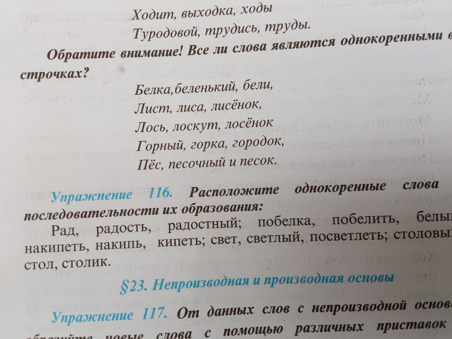 Фото задания: Упражнение 116. Расположите однокоренные слова в последовательности их образования: рад, радость, радостный; побелка,…