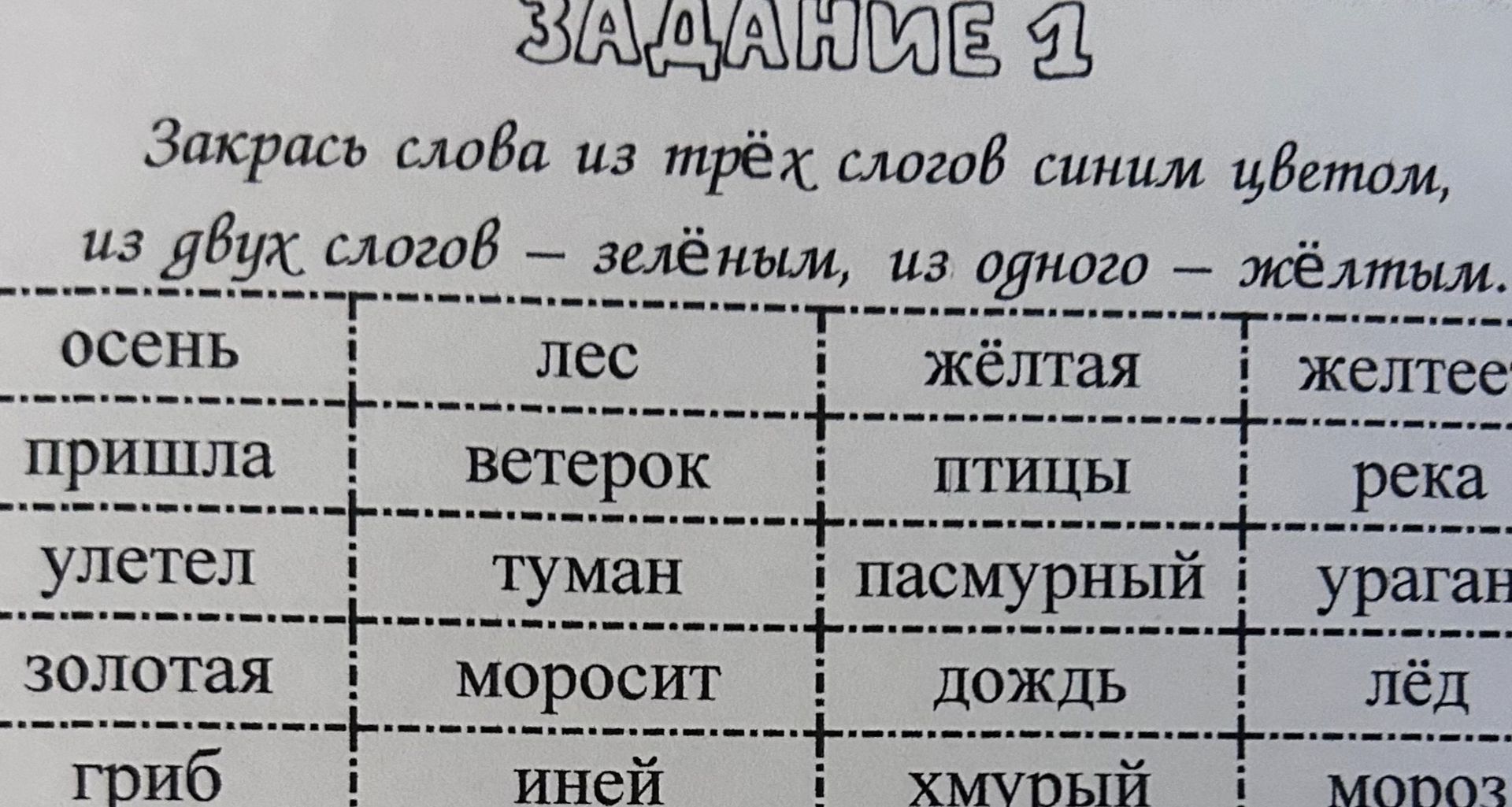 Фото задания: Задание 1. Закрась слова из трёх слогов синим цветом, из двух слов — зелёным, из одного — жёлтым.