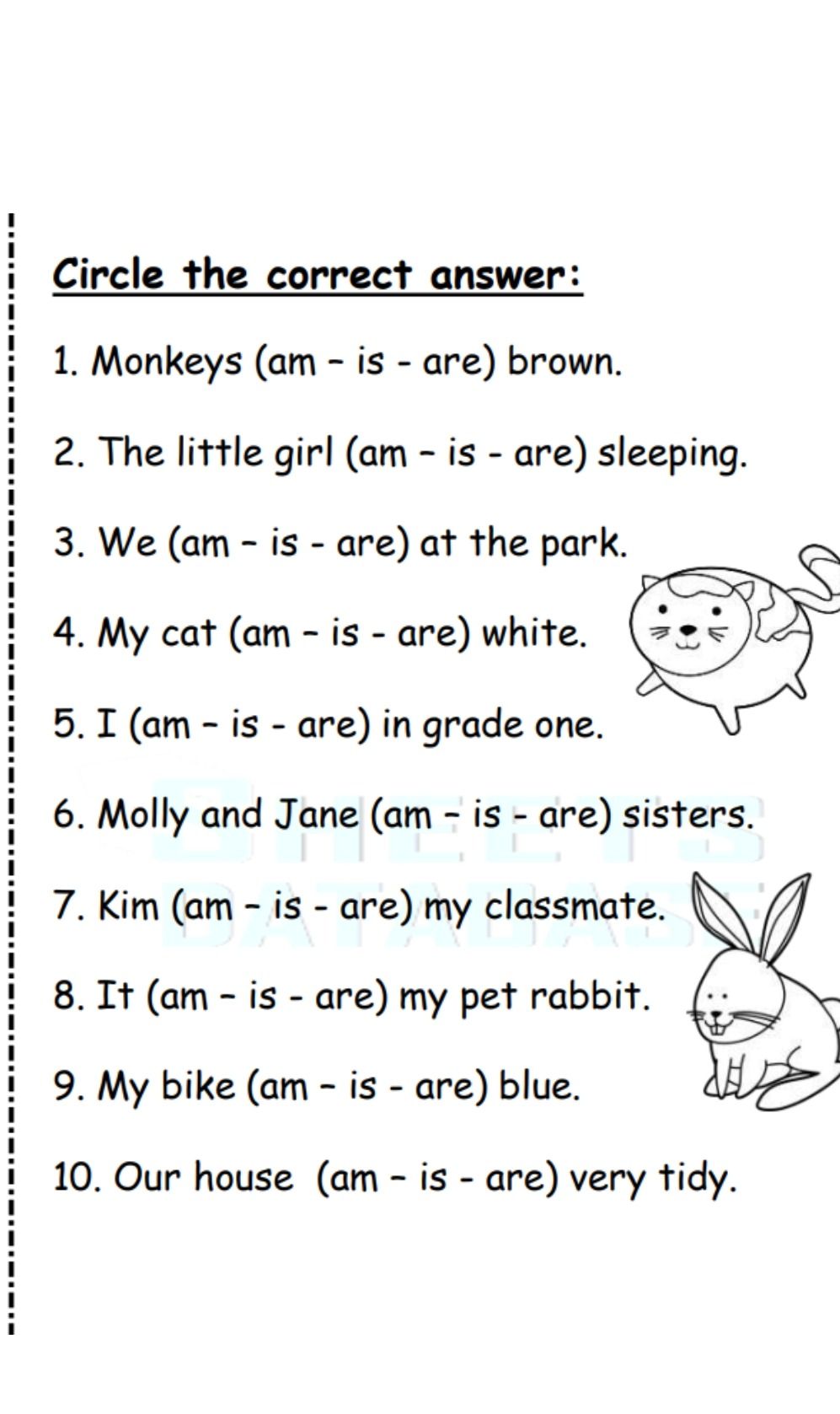 Фото задания: Circle the correct answer: 1. Monkeys (am – is – are) brown. 2. The little girl (am – is – are) sleeping. 3. We (am – is –…