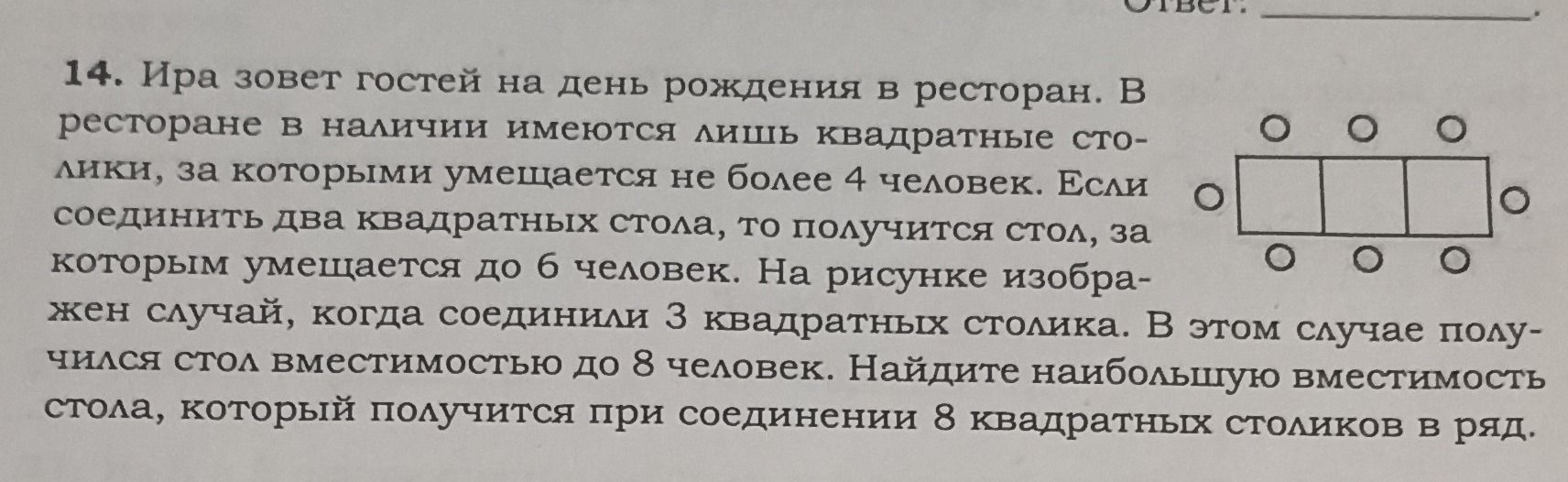 Фото задания: 14. Ира зовет гостей на день рождения в ресторан. В ресторане в наличии имеются лишь квадратные столики, за которыми…