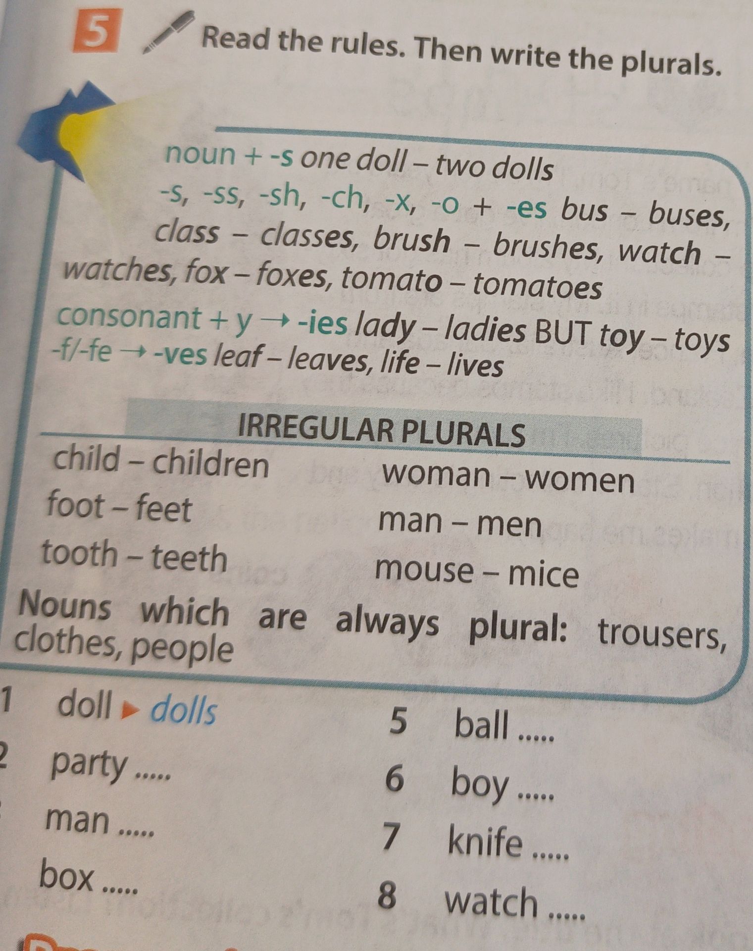 Фото задания: Exercise 5. Read the rules. Then write the plurals: 2) party, 3) man, 4) box, 5) ball, 6) boy, 7) knife, 8) watch.