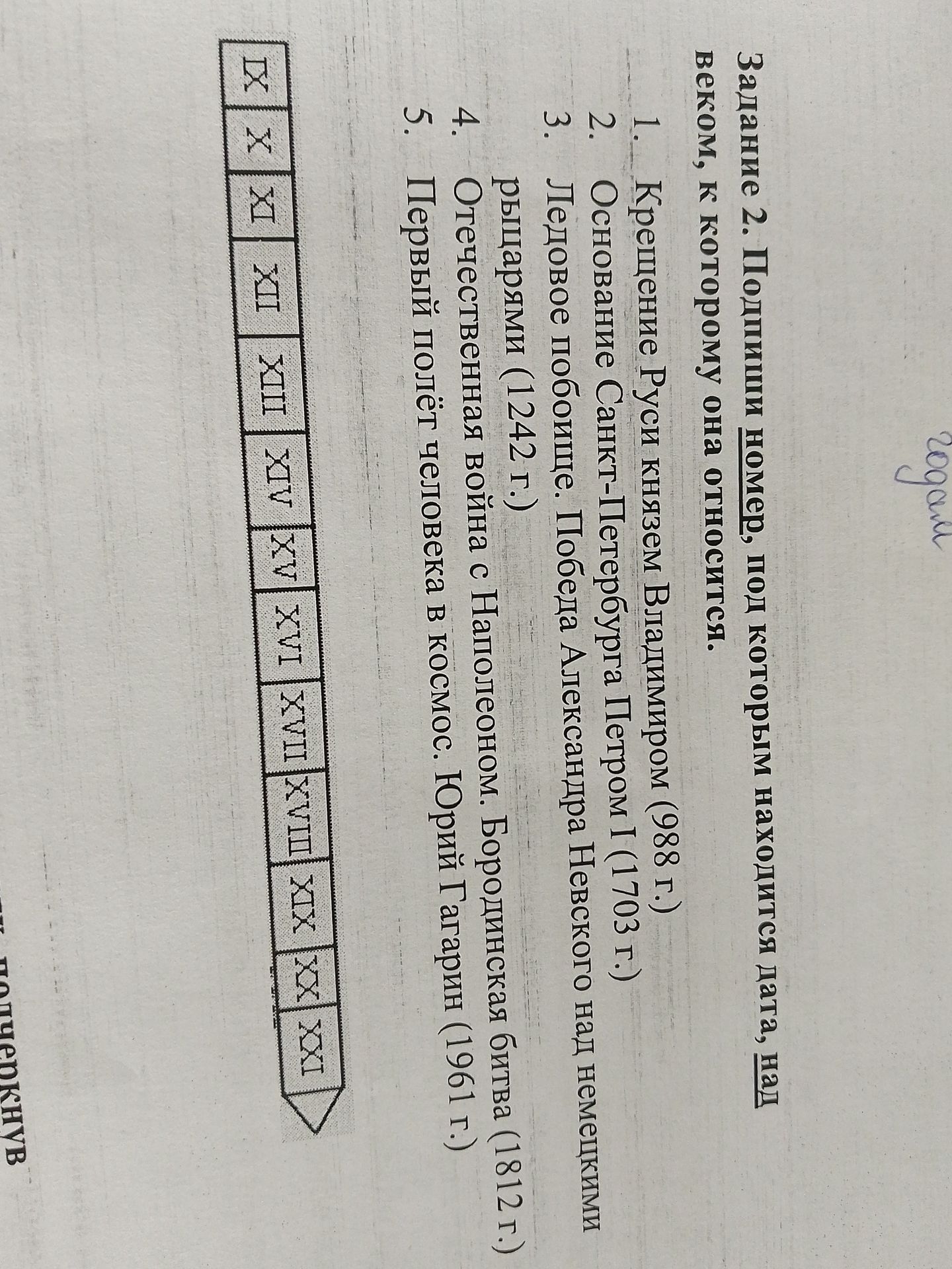 Фото задания: Задание 2. Подпиши номер, под которым находится дата, над веком, к которому она относится: 1. Крещение Руси князем Владимиром…