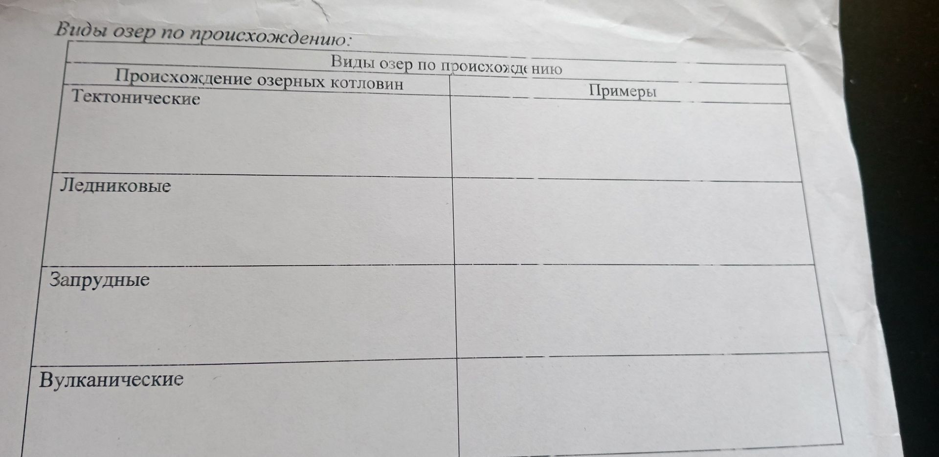 Фото задания: Виды озёр по происхождению. Заполните таблицу: происхождение озёрных котловин — примеры. Тектонические; ледниковые;…