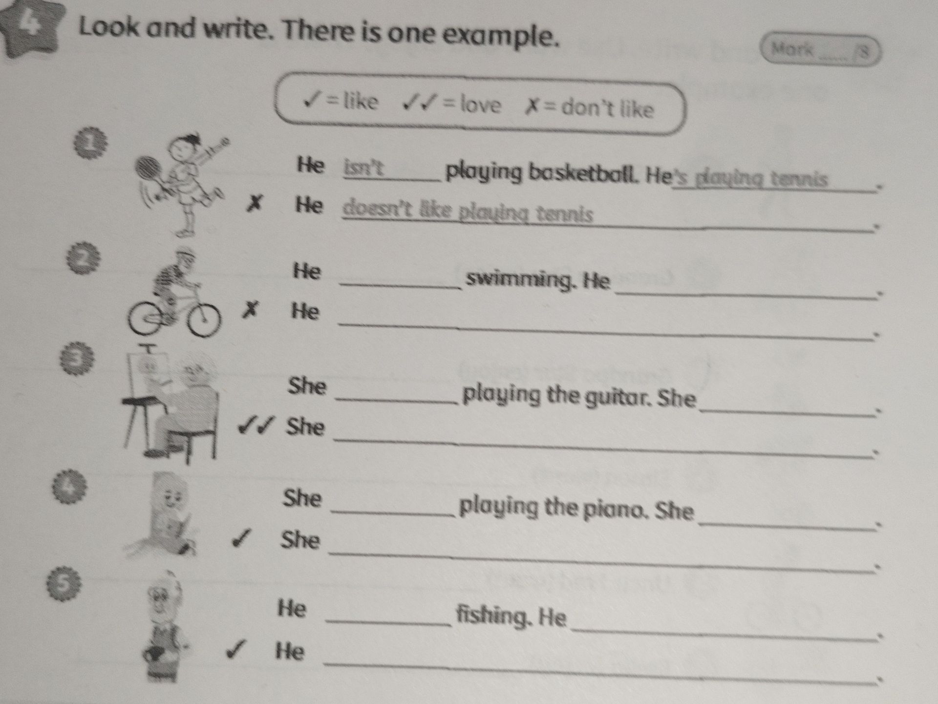 Фото задания: Exercise 4. Look and write. There is one example. ✓ = like, ✓✓ = love, ✗ = don’t like. 1) He ___ playing basketball. He’s…