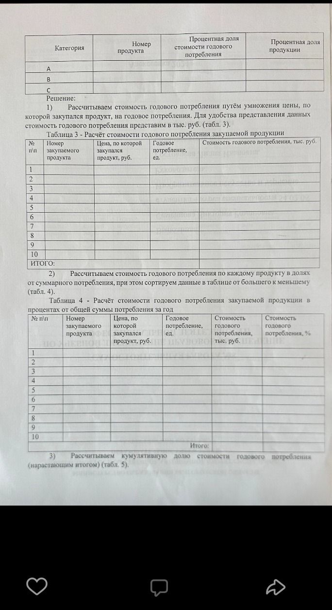 Фото задания: Рассчитать стоимость годового потребления закупаемой продукции, отсортировать продукты по убыванию стоимости, определить…