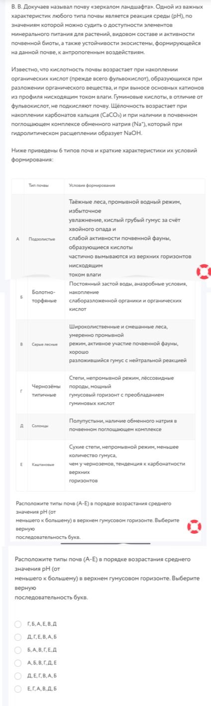 Фото задания: Расположите типы почв (А–Е) в порядке возрастания среднего значения pH (от меньшего к большему) в верхнем гумусовом…