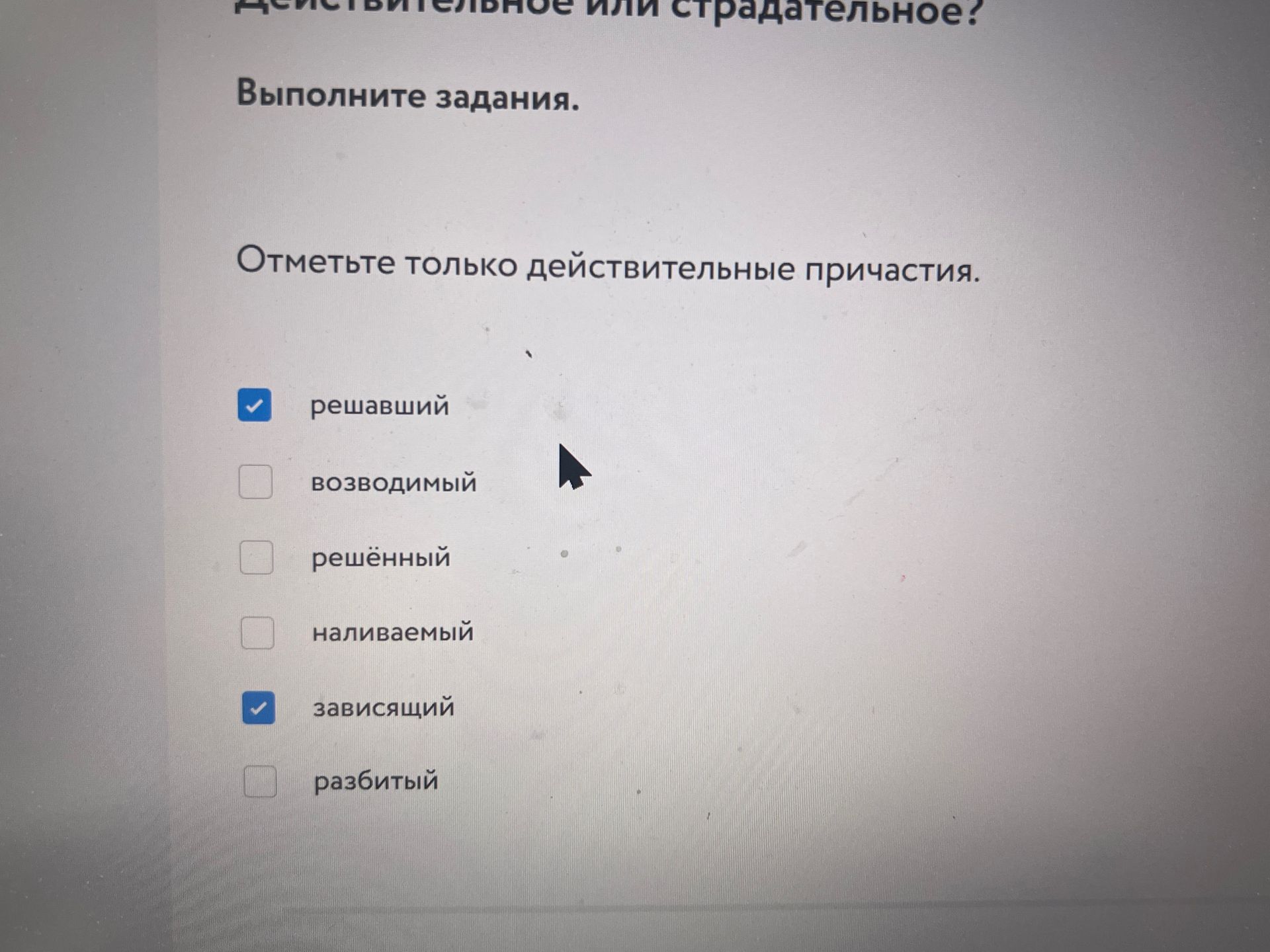 Фото задания: Отметьте только действительные причастия: решавший, возводимый, решённый, наливаемый, зависящий, разбитый.