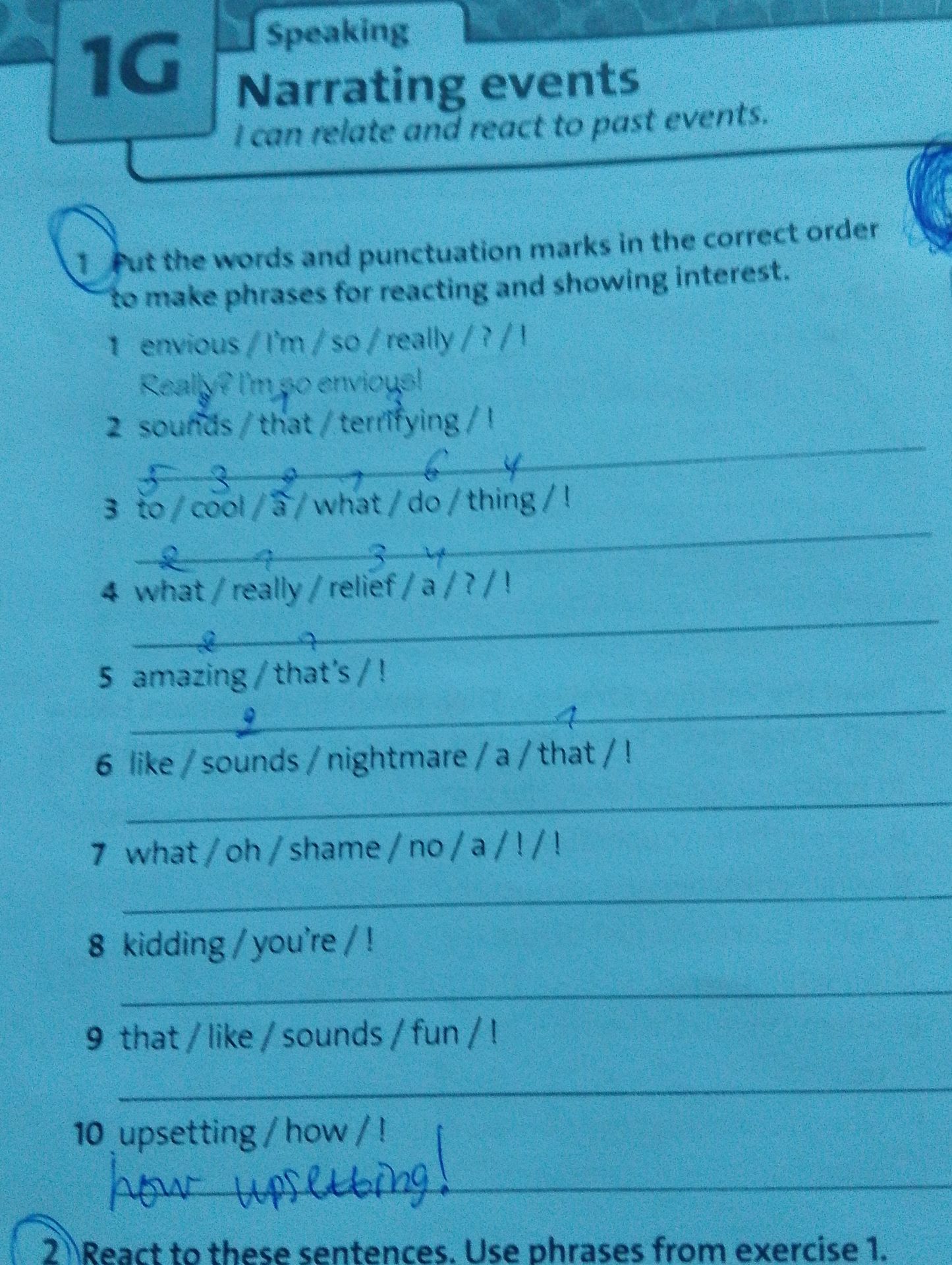 Фото задания: 2. React to these sentences. Use phrases from exercise 1.