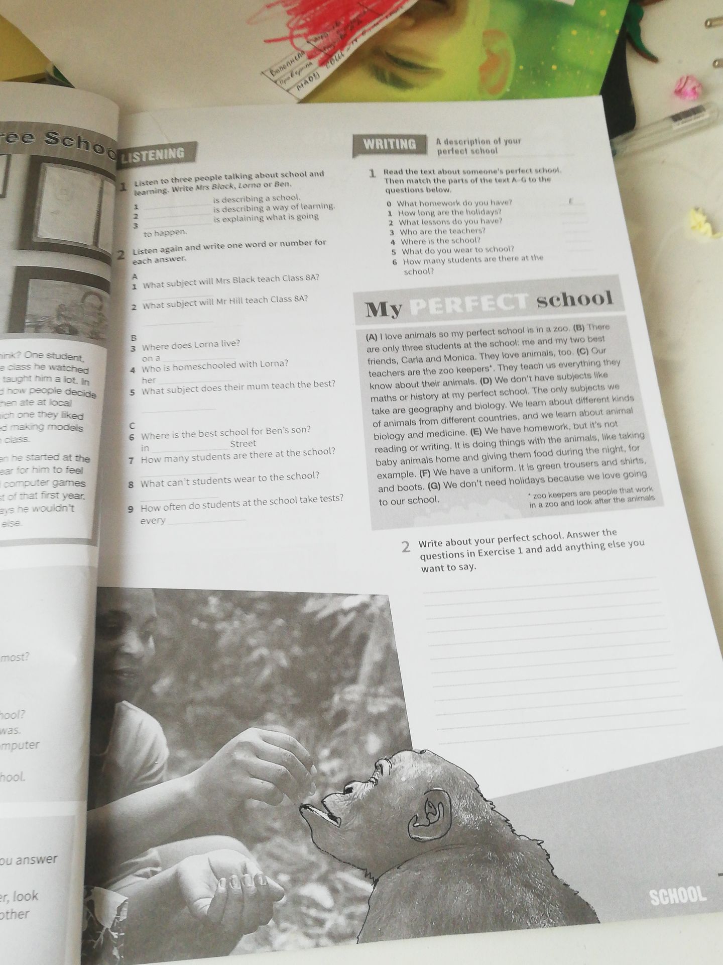 Фото задания: WRITING 2. Write about your perfect school. Answer the questions in Exercise 1 and add anything else you want to say.