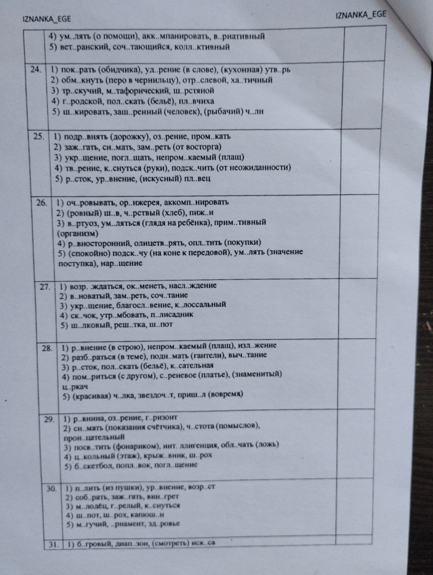 Фото задания: 31. Вставьте пропущенные буквы: 1) б..гровый, диап..зон, (смотреть) иск..са.