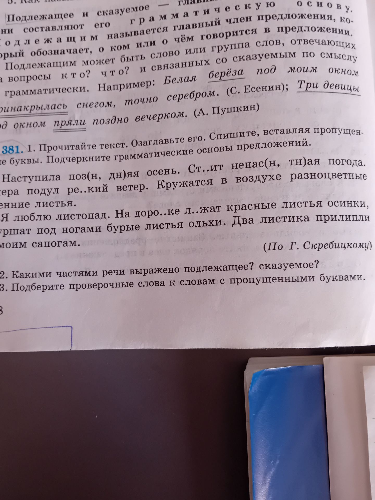 Фото задания: Упражнение 381. 1. Прочитайте текст. Озаглавьте его. Спишите, вставляя пропущенные буквы. Подчеркните грамматические основы…