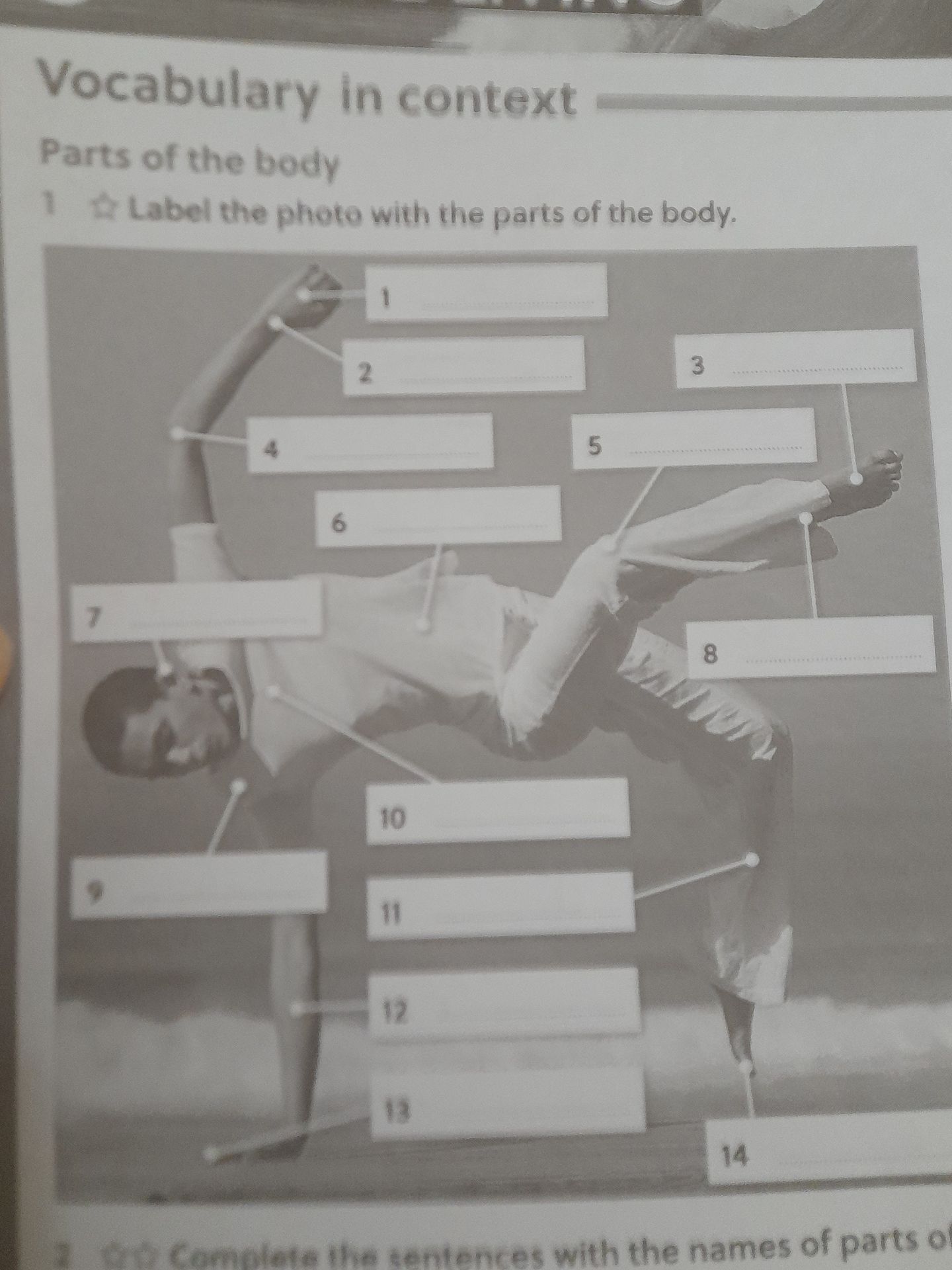 Фото задания: Vocabulary in context — Parts of the body. 1. Label the photo with the parts of the body (1–14).