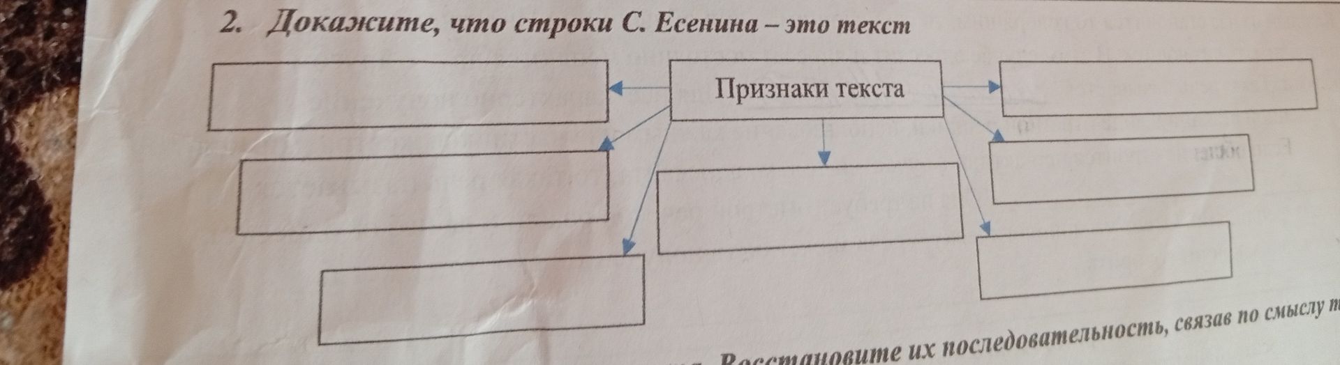 Фото задания: 2. Докажите, что строки С. Есенина — это текст. Заполните схему «Признаки текста».