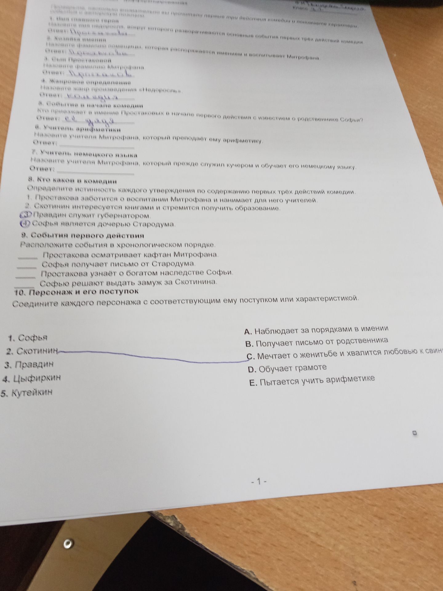 Фото задания: 9. События первого действия. Расположите события в хронологическом порядке: Простакова осматривает кафтан Митрофана; Софья…