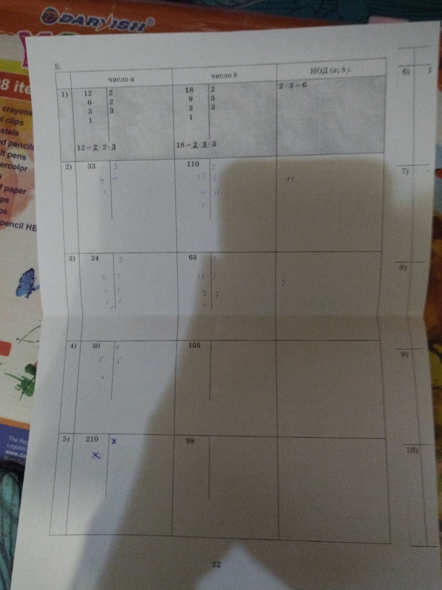 Фото задания: В. Найдите НОД(a; b) для каждой пары чисел: 1) 12 и 18; 2) 33 и 110; 3) 24 и 63; 4) 30 и 105; 5) 210 и 98.