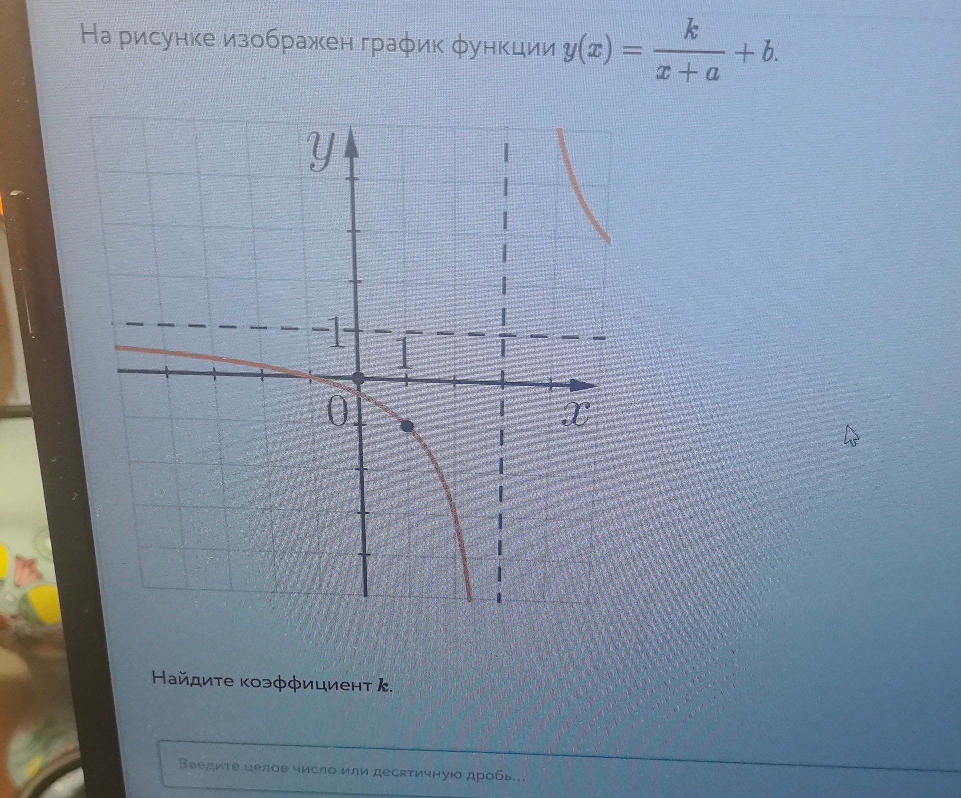 Фото задания: На рисунке изображён график функции \(y(x)=\frac{k}{x+a}+b\). Найдите коэффициент \(k\).