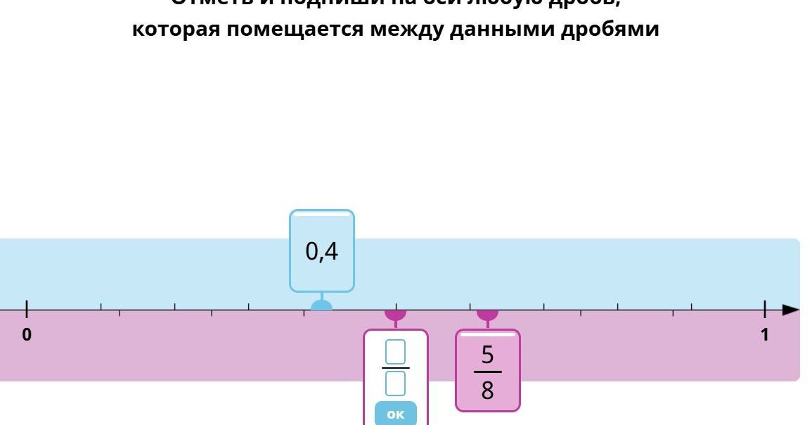 Фото задания: Отметь и подпиши на оси любую дробь, которая помещается между данными дробями: 0,4 и 5/8.