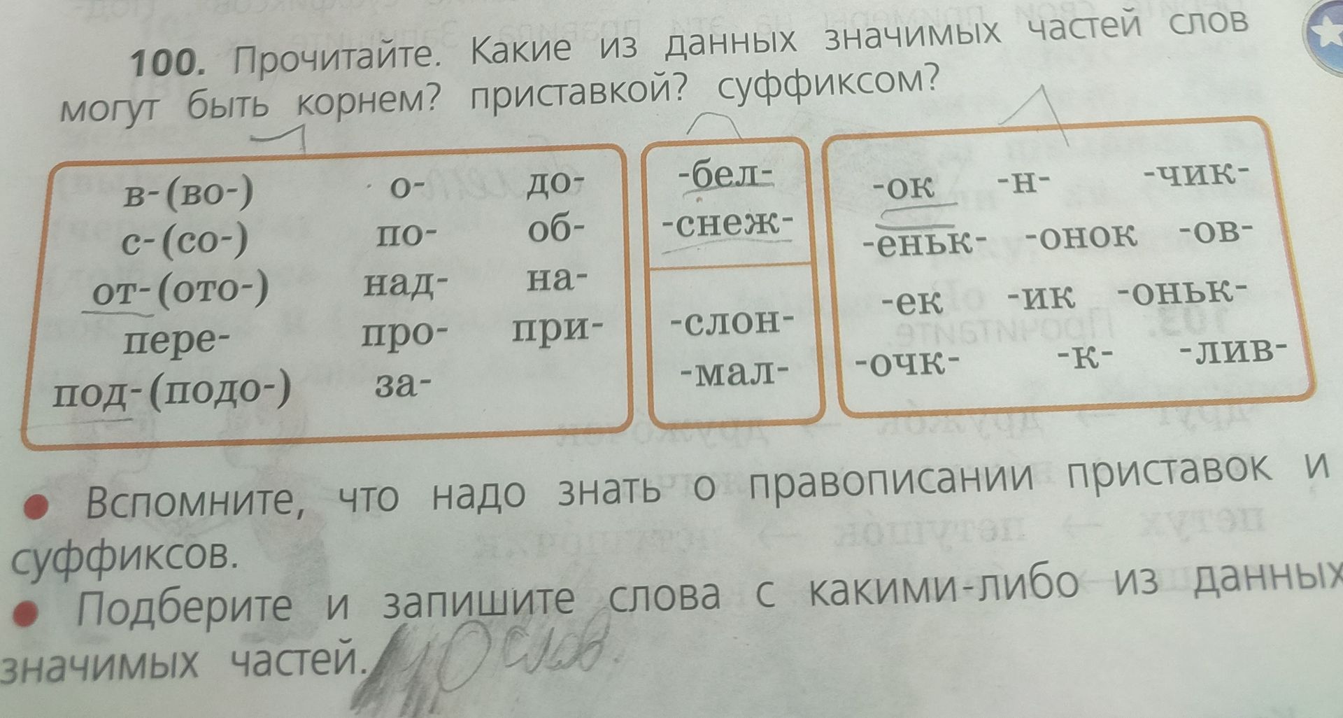 Фото задания: 100. Прочитайте. Какие из данных значимых частей слов могут быть корнем? приставкой? суффиксом? Даны: в- (во-), с- (со-), от-…