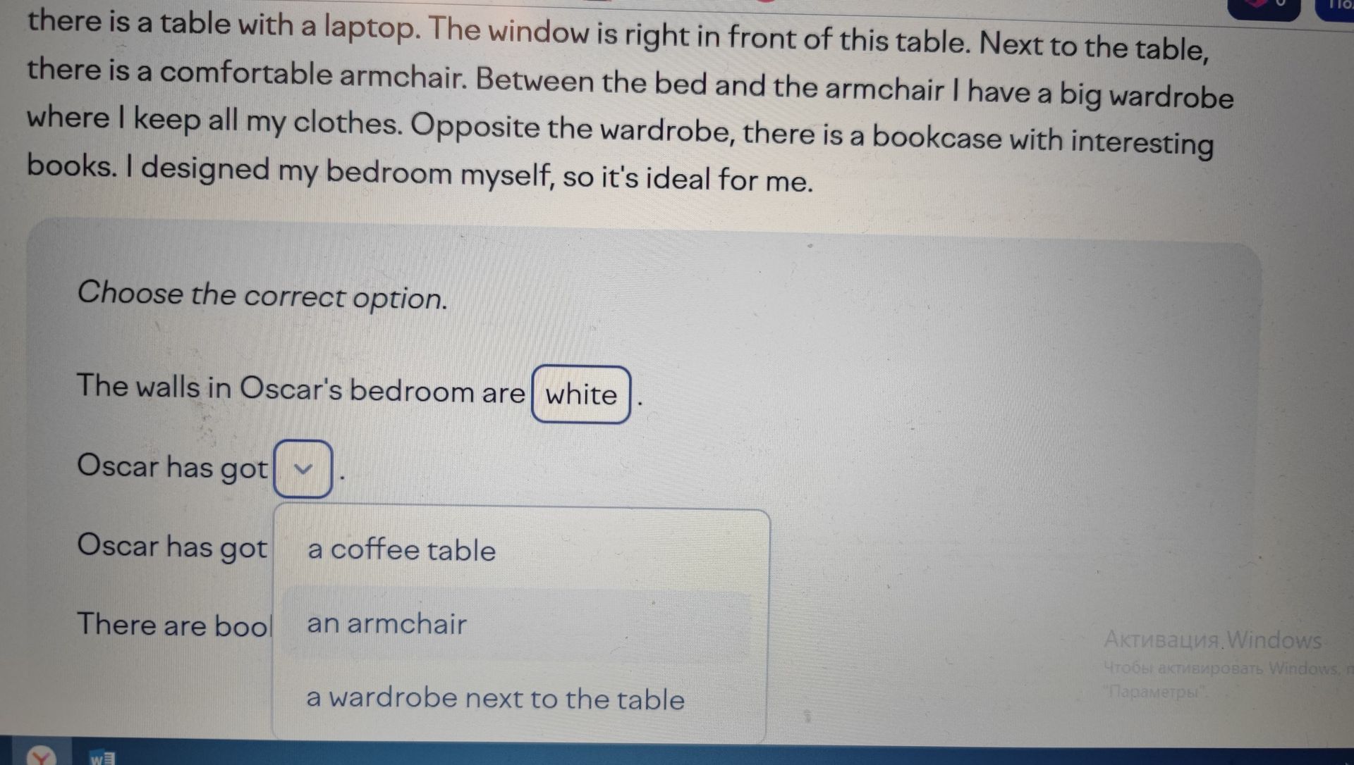 Фото задания: Read the text about Oscar’s bedroom and choose the correct options: The walls in Oscar’s bedroom are ____. Oscar has got…