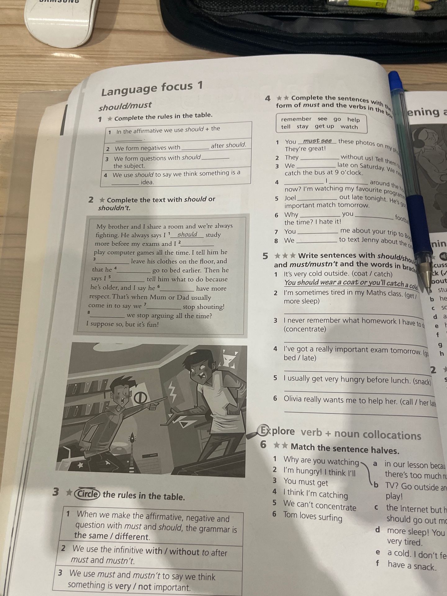 Фото задания: Language focus 1. 3 Circle the rules in the table: 1 When we make the affirmative, negative and question with must and…