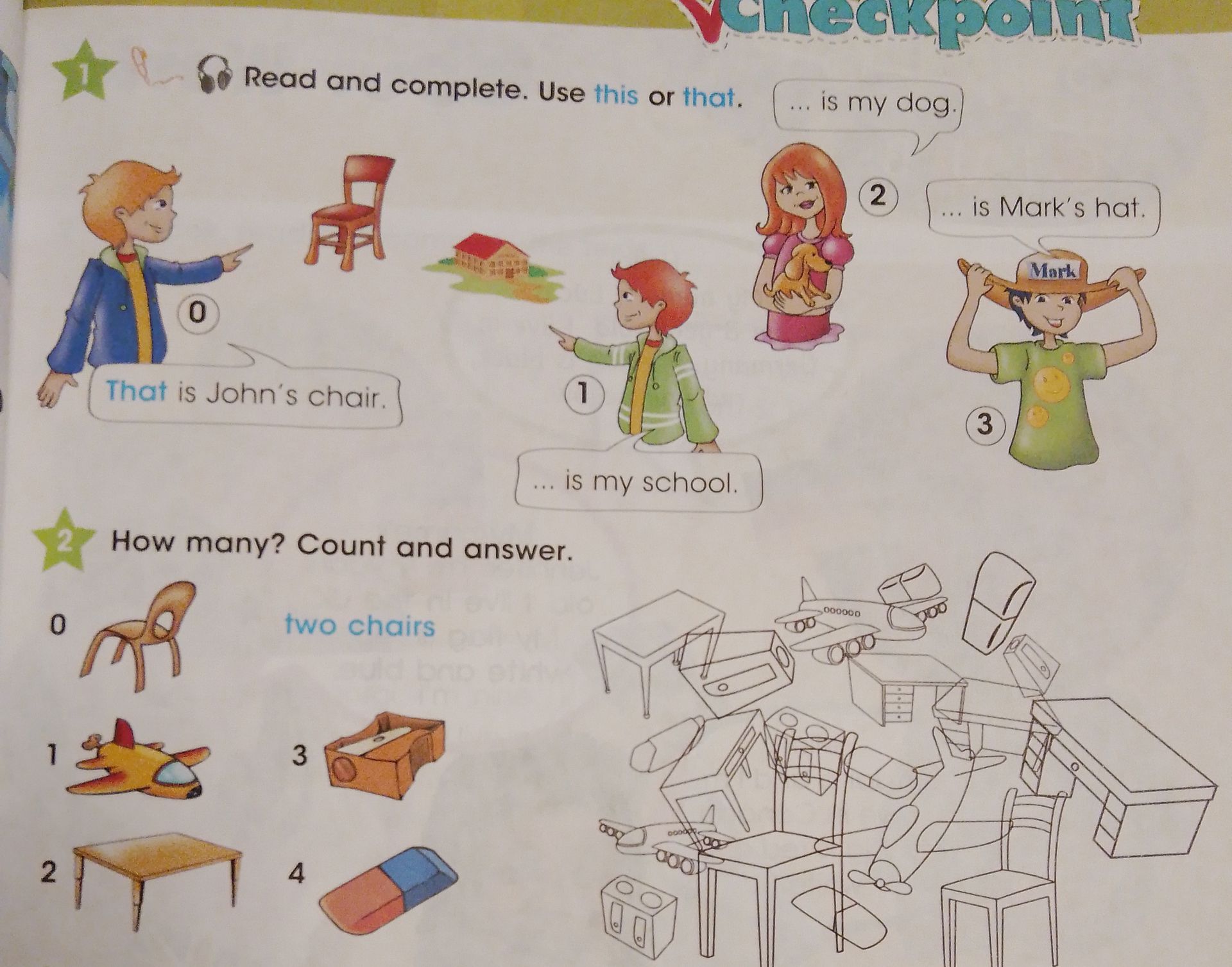 Фото задания: 2. How many? Count and answer. 0. chairs — two chairs. 1. aeroplanes. 2. tables. 3. pencil sharpeners. 4. erasers.