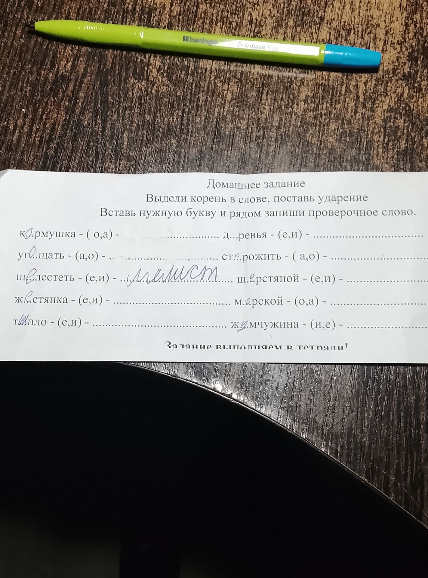 Фото задания: Домашнее задание. Выдели корень в слове, поставь ударение. Вставь нужную букву и рядом запиши проверочное слово: к..рмушка…