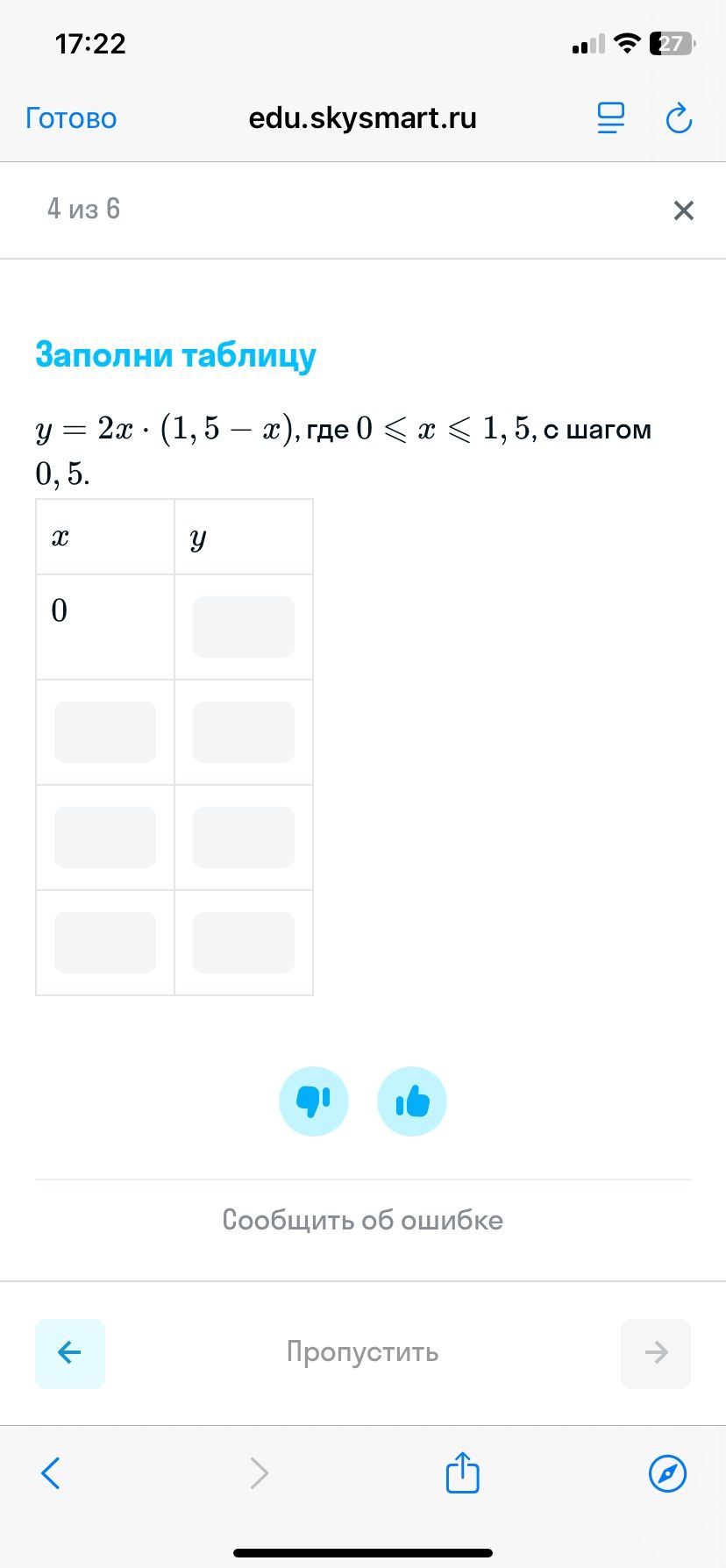 Фото задания: Заполни таблицу: \(y=2x\cdot(1,5-x)\), где \(0\le x\le1,5\), с шагом \(0,5\).
